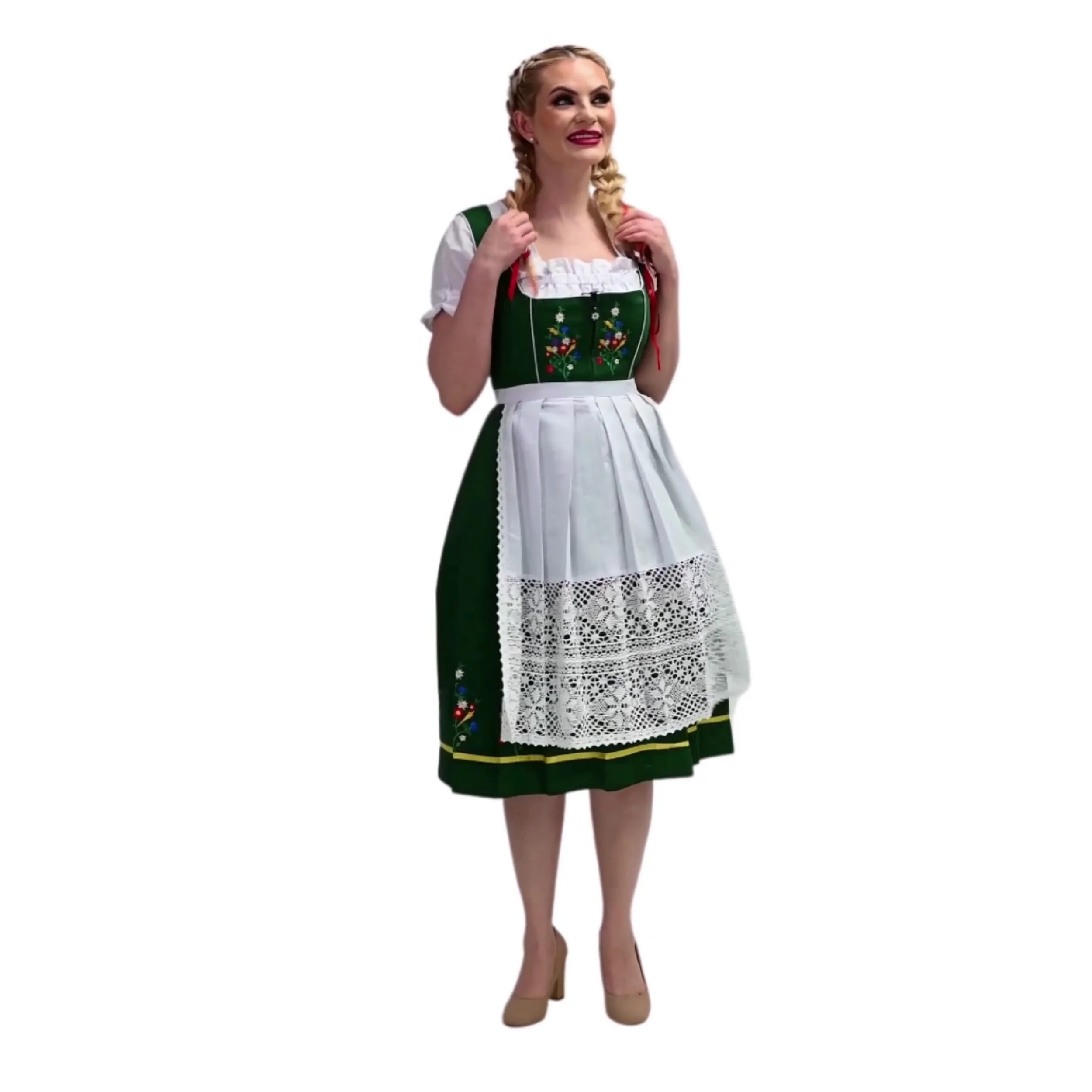 Dirndl Trachten Haus 3 Piece Long German Oktoberfest Dirndl Cotton Dress for Womens and Girls - Green
