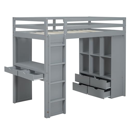 Full Size Loft Bed with Desk & Wardrobe, Solid Wood Kids Loft Bedframe w/3 Storage Drawers & 2 Shelves, Maximum Space Design, for Bedroom, Dorm, Gray