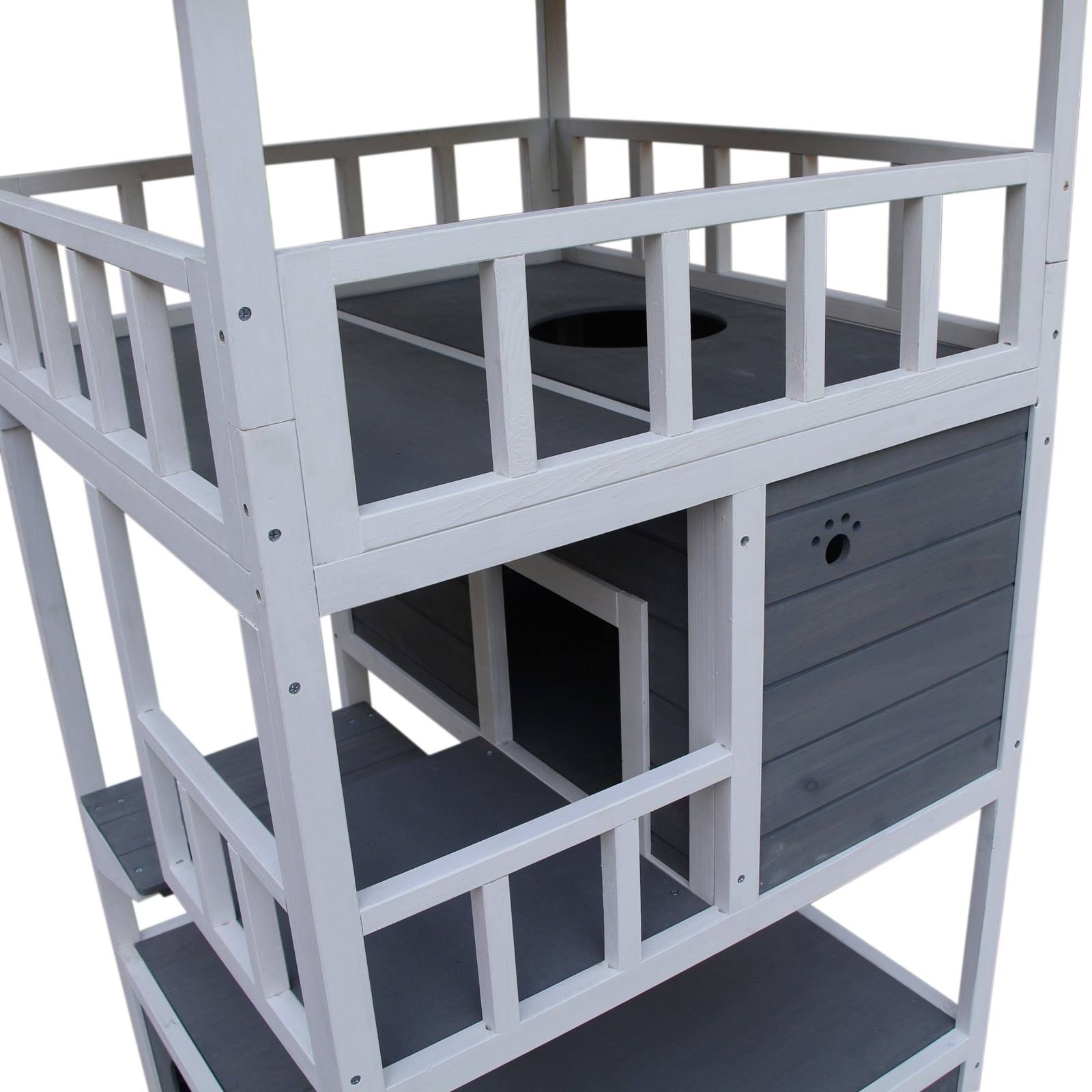Pawhut Outdoor Solid Wood 4-Floor Cat Condo Pet Villa with Litter Box Space - Gray