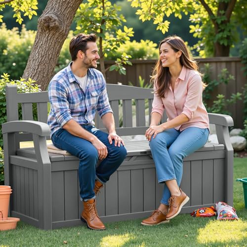 Flamaker 80 Gallon Storage Bench Outdoor Indoor, Durable All-Weather Seating with Hidden Storage, Lockable Deck Box for Garden, Patio