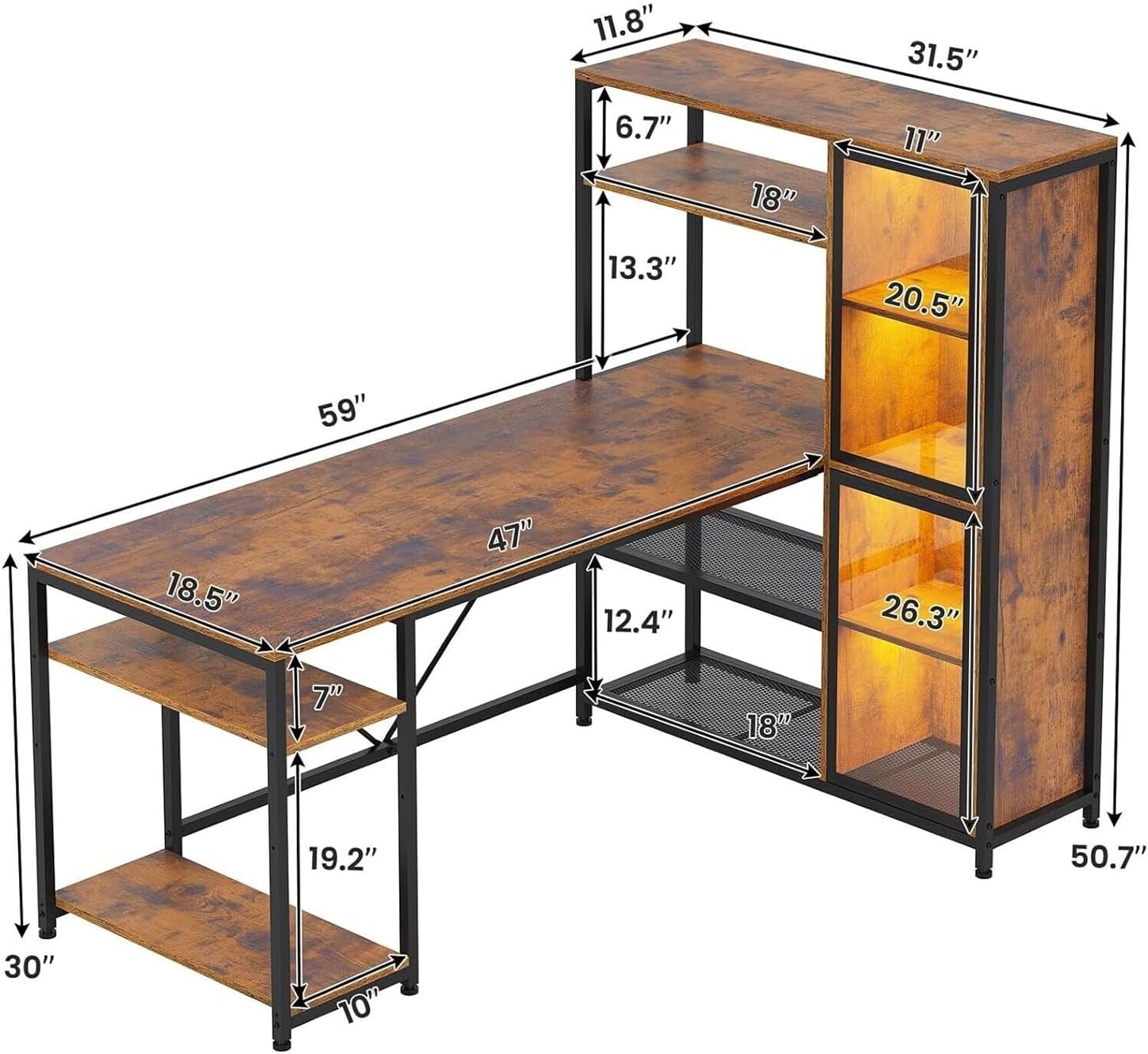 New Modern Rustic Brown L Shaped Desk Gaming Computer LED Light Bookshelf Corner Desk Storage Shelves Wood Display Cabinet Study Home Office 59”L x