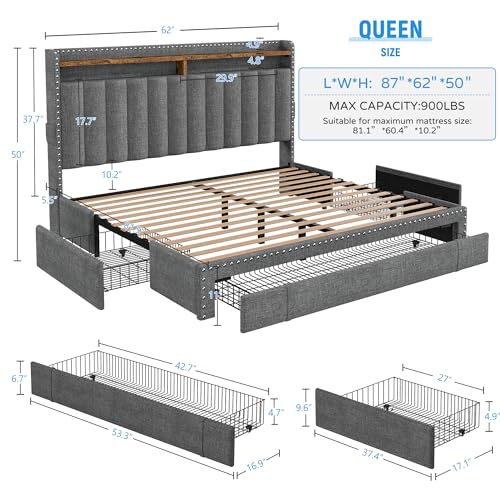 EnHomee Full Bed Frame with 3 Drawers,Queen Size Bed Frame with 2-Tier Storage Headboard, Upholstered Platform Bed Frame Queen Size with Storage
