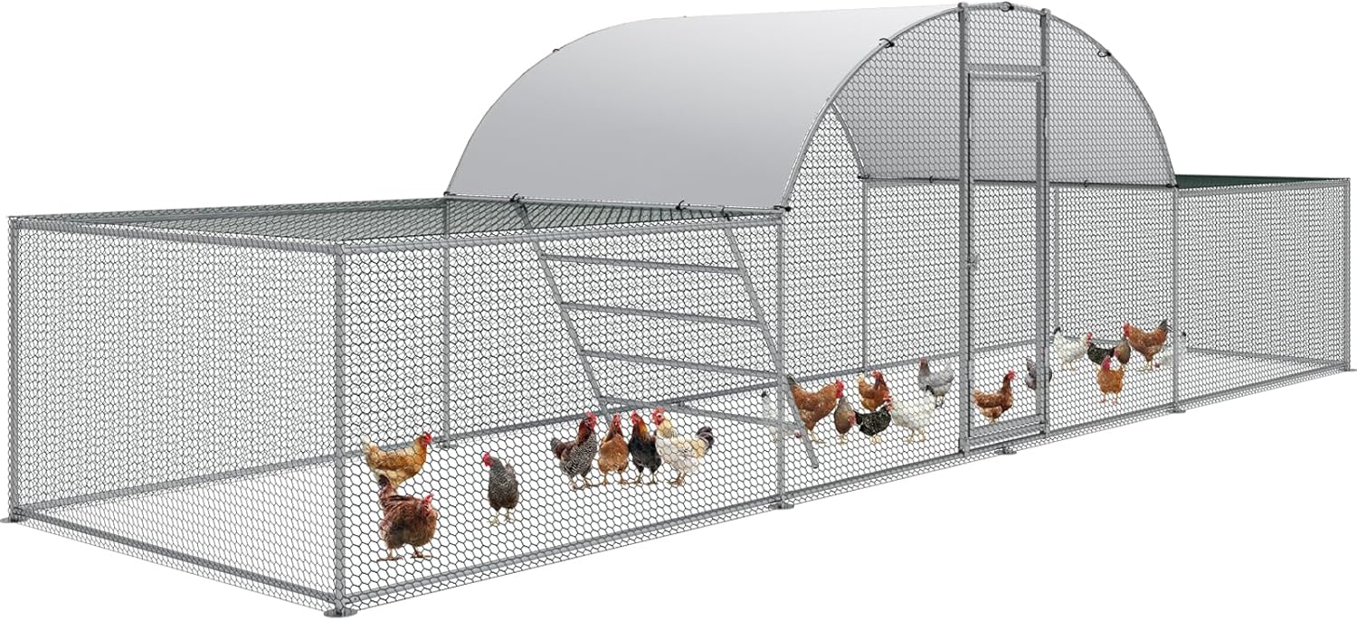 Arlopu 23ft Metal Chicken Coop, 3-Room Dome-Roof Poultry Pen, Large Hen Run Enclosure, Walk-in Galvanized Duck Rabbit Cage House