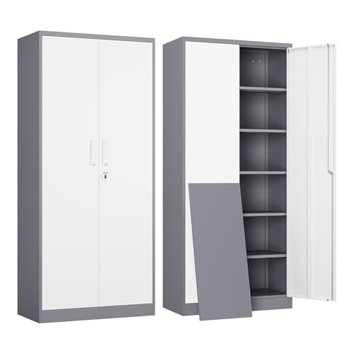 Yizosh Metal Garage Storage Cabinet with 2 Doors and 5 Adjustable Shelves - 71" Steel Lockable File Cabinet,Locking Tool Cabinets for Office,Home