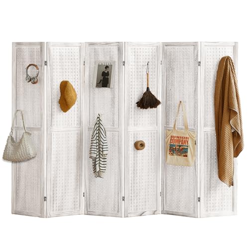 4 Panel Room Dividers and Folding Privacy Screens, 5.6Ft Wooden Pegboard Display, Privacy Dividers for Bedroom