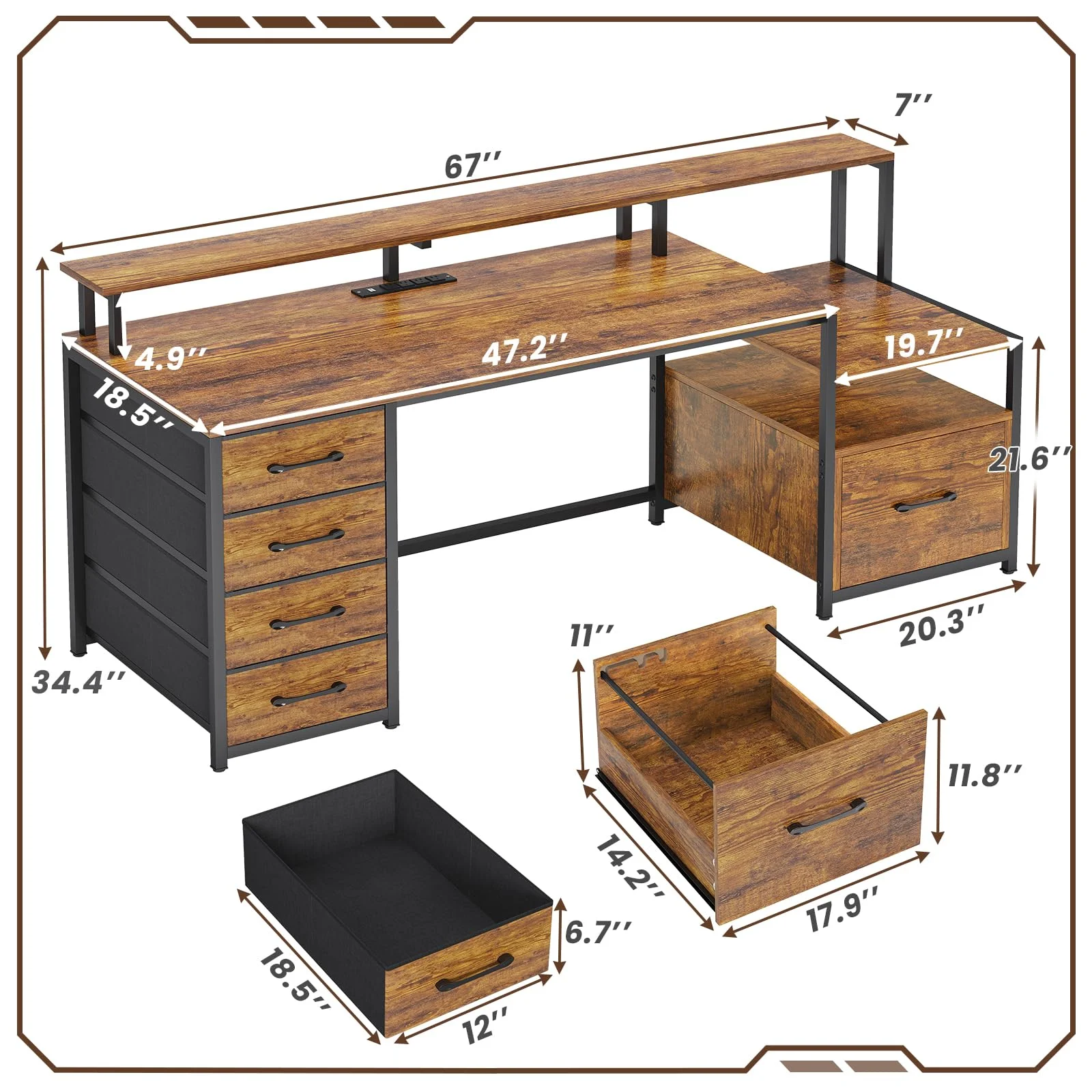 SEDETA Home Office Desk with File Drawer and Power Outlet, 66'' Computer Desk with 4 Drawer, Storage Shelves, Printer Cabinet and Monitor Shelf