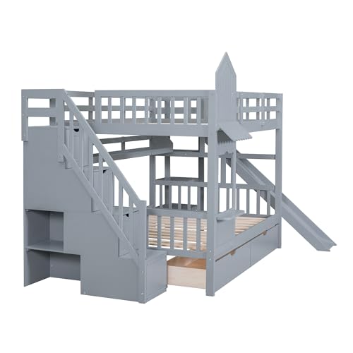 SOFTSEA Twin Over Twin Bunk Bed with Slide and Storage Solid Wood Bunk Bed Frame with Staircase and Drawers, Pink