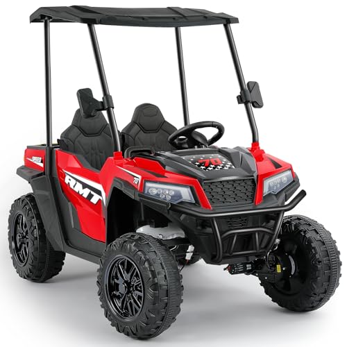 ELEMARA 24V Ride on Toy for Big Kid,Ride on Car 2 Seater w/Sun Shade,Dump Bed & Shovel,4.5MPH,4WD Electric Car for Kids,Battery Car w/Remote