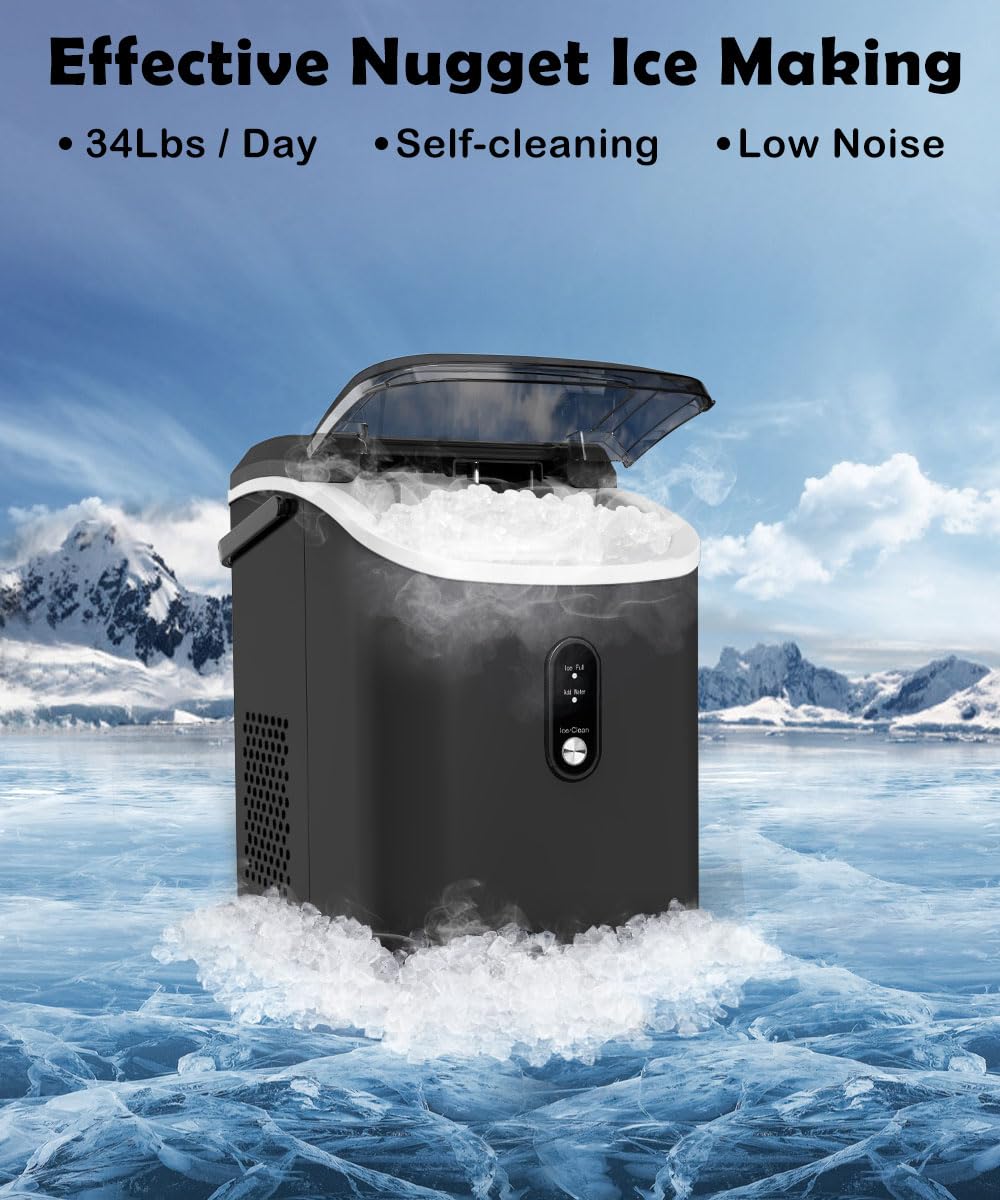 COWSAR Nugget Ice Maker Countertop, Chewable Pebble Ice 34Lbs Per Day, Crunchy Pellet Ice Cubes Maker Machine with Self Cleaning
