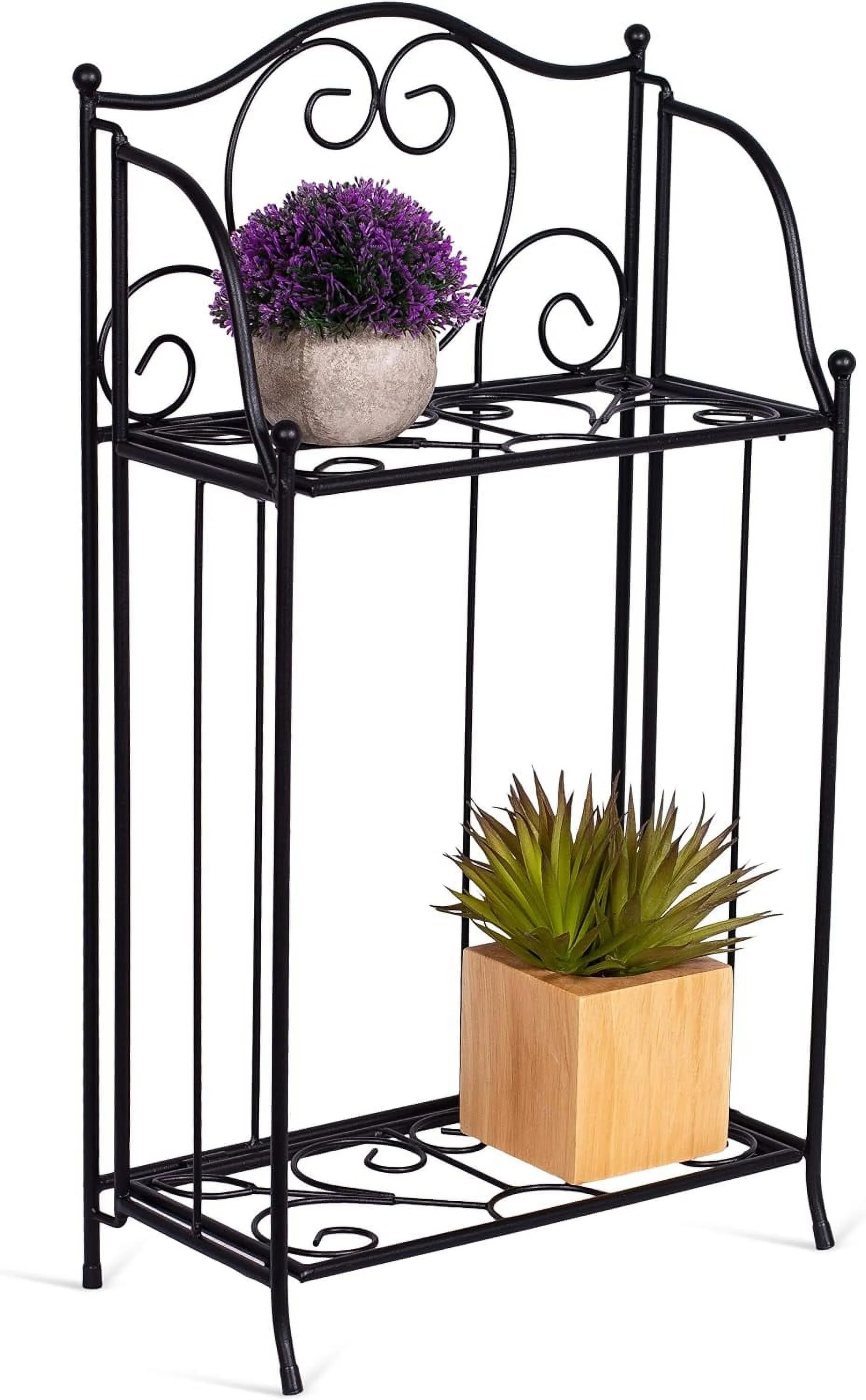 Metal Tiny Plant Stand Shelf - Decorative Mediterranean Scroll Design - Lightweight Folding - Black Metal Holder Rack - Indoor Or Outdoor Use