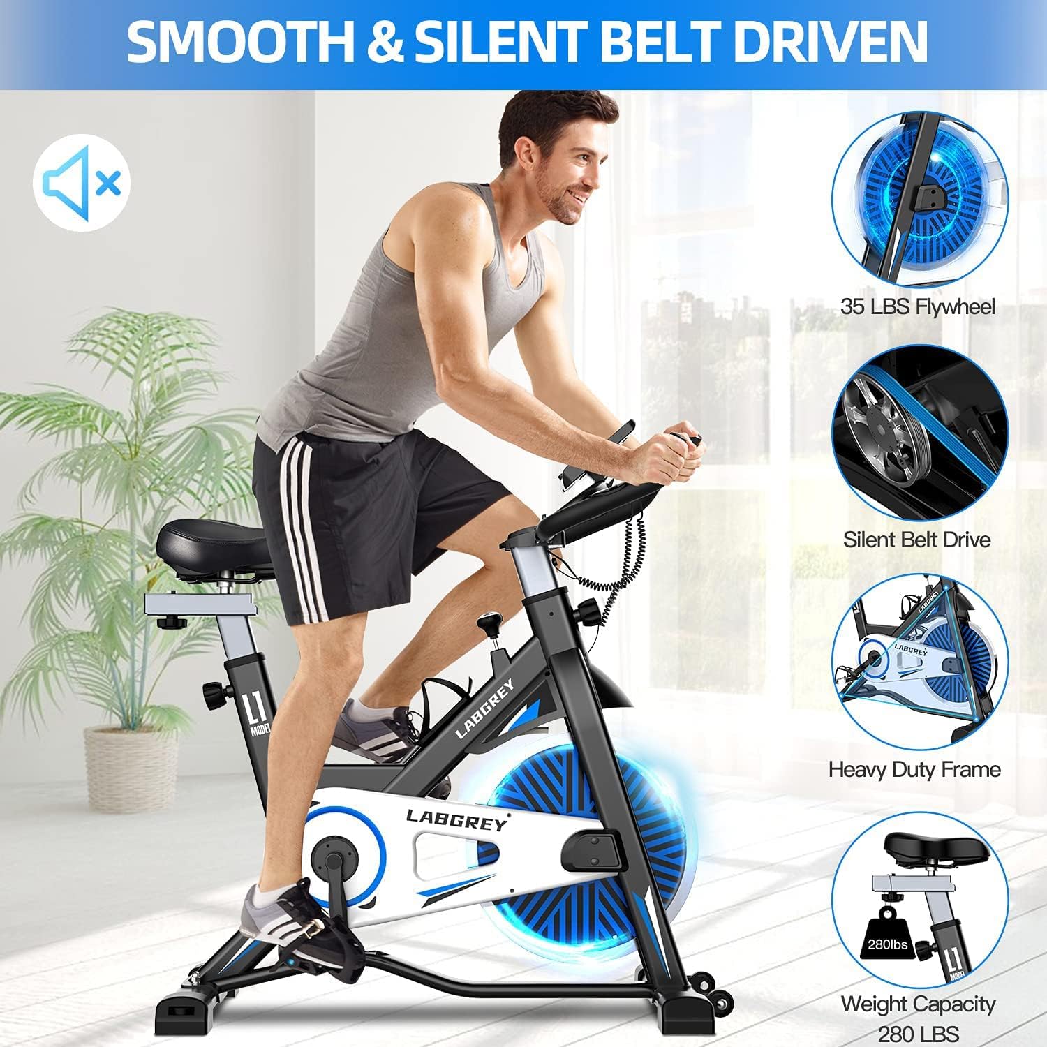 LABGREY Exercise Bike Indoor Cycling Bike Stationary Cycle Bike with Heart Rate Sensor & Comfortable Seat Cushion