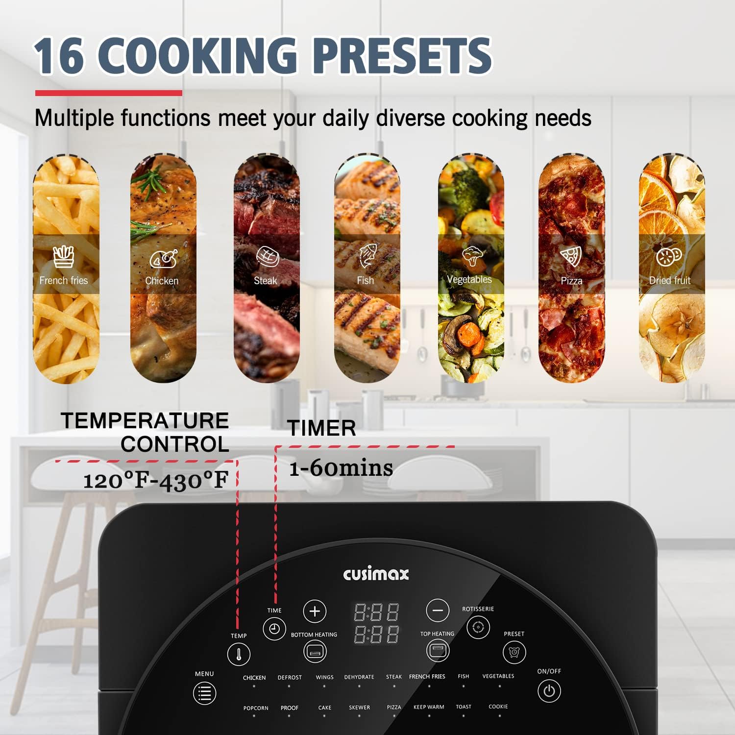 CUSIMAX Air Fryer Toaster Oven, 15.5 Quart Air Fryer Combo, 16-in-1 Air Fryer Toaster Oven, Large Convection Roaster with Rotisserie & Dehydrator