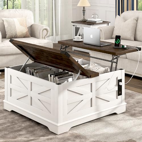36" Farmhouse Movable Lift Top Coffee Table with Storage and Power Outlets, Square Wood Living Room Tables with Wheels&Large Hidden Space
