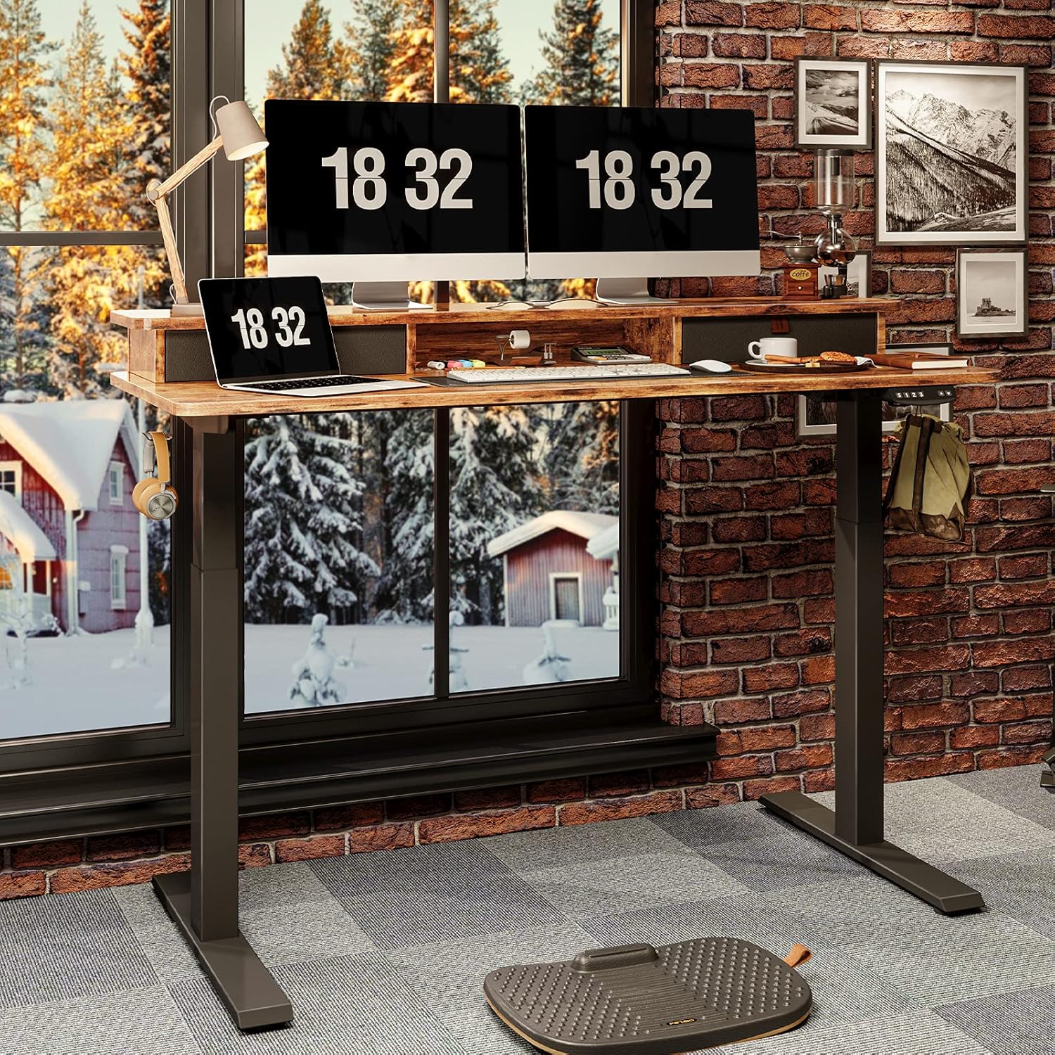 FEZIBO 55"x24" Height Adjustable Electric Standing Desk with Double Drawer 2-Drawer File Cabinet with Lock for Home Office, Rolling Filing Cabinet