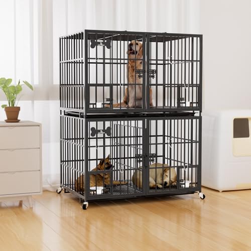 aboxoo 42/48 inch Heavy Duty Metal Dog Crate for 2 Dogs/Large Dog,All Metal Open Top,Dog Kennel Indoor with Wheels,Floor Grid, Tray