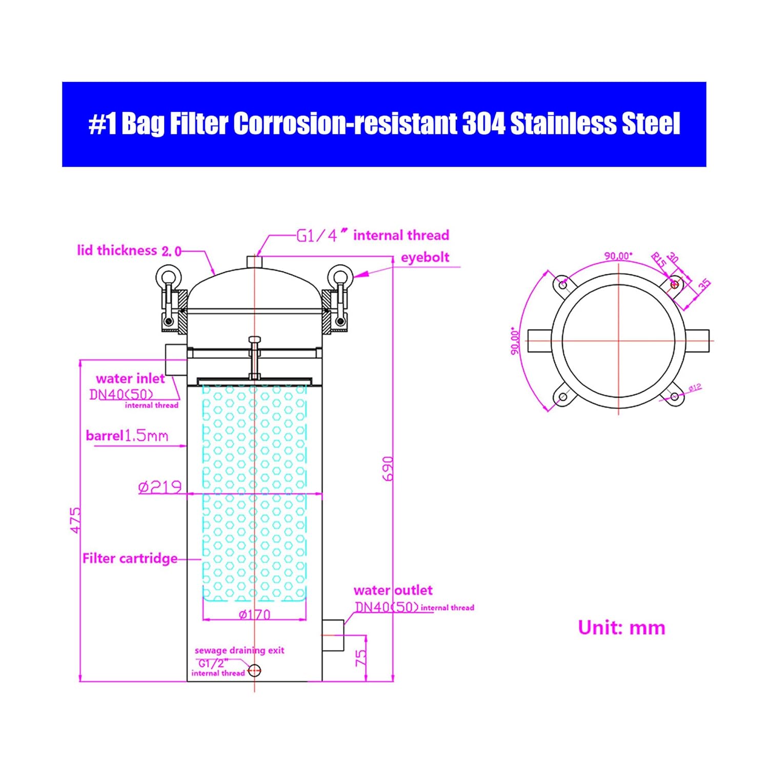 #1 Bag Filter Housing 304 Stainless Steel Convex Cover Flat Bottom Bag Filter