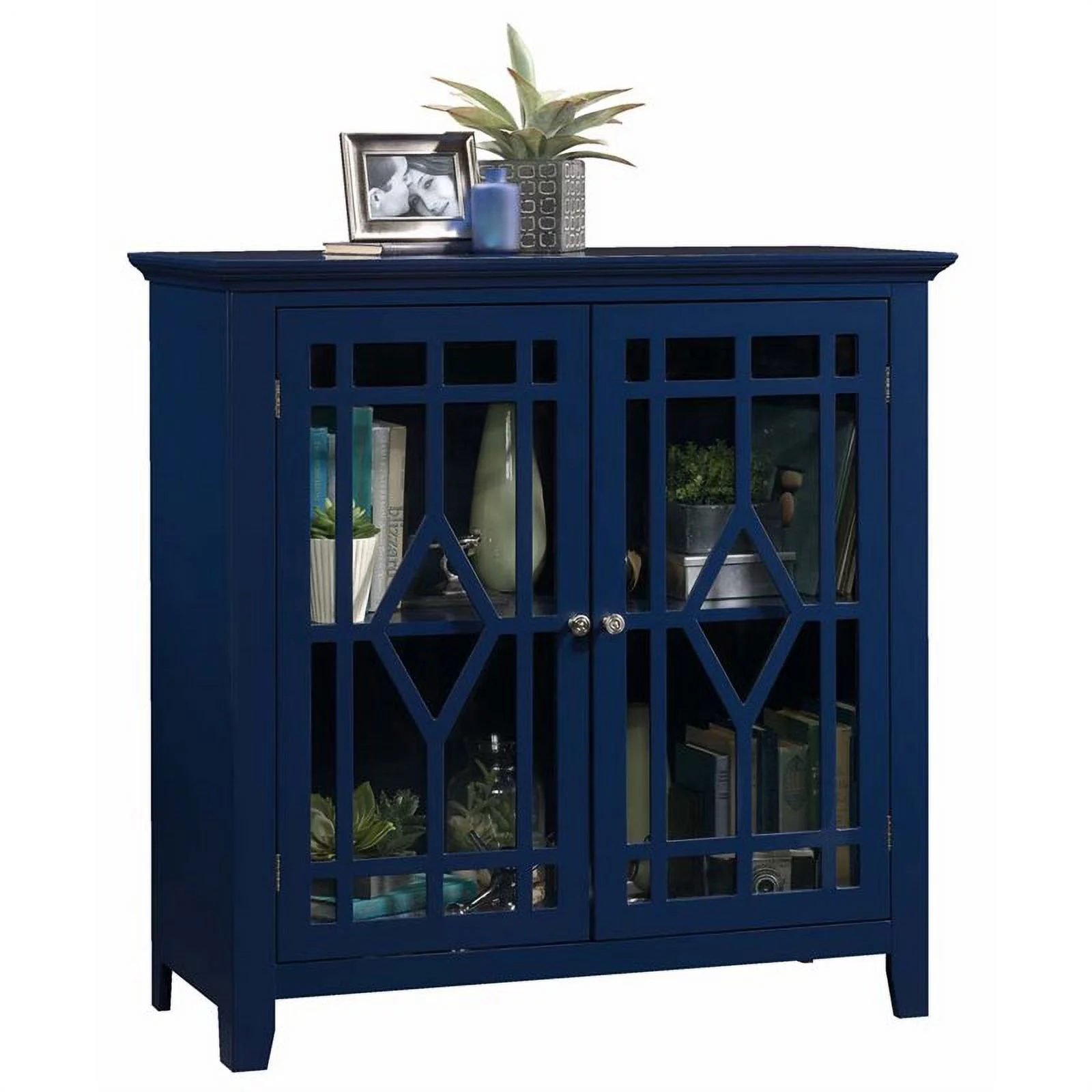 Home Square 2 Piece Geometric Glass Door Accent Curio Cabinet Set in Indigo Blue
