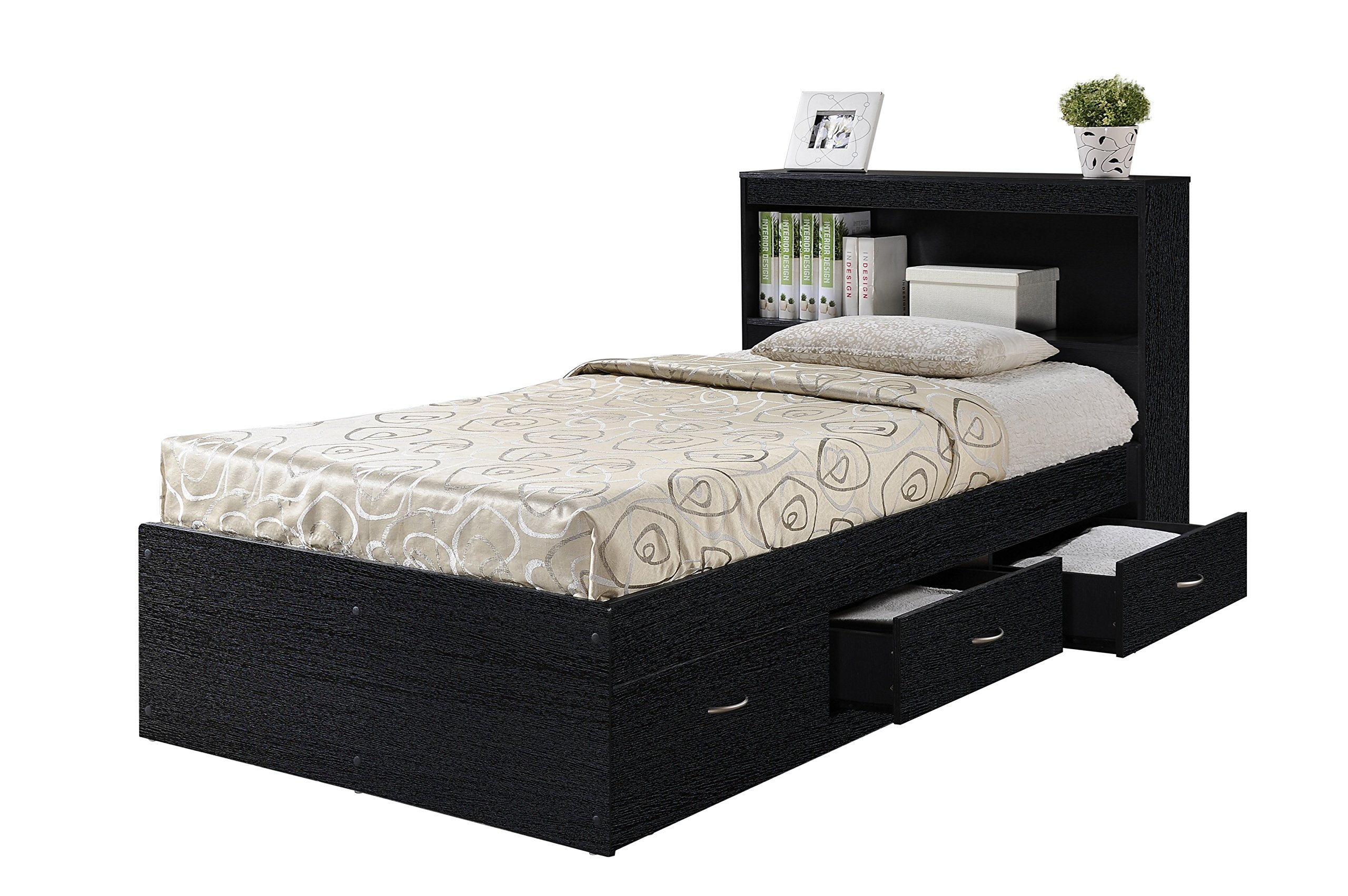 【Furniture】Hodedah Twin-Size Captain Bed with 3-Drawers and Headboard in Black