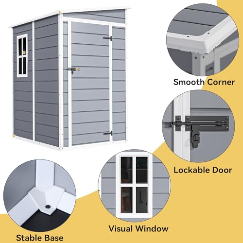 DWVO 5x3ft Resin Outdoor Storage Shed with Floor, Waterproof Lockable Storage Shed with Window, Plastic Outside Tool Storage for Garden, Backyard