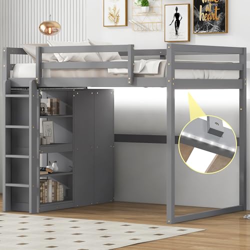 Harper & Bright Designs Full Size Loft Bed with Desk, Storage Shelves and Drawers, Solid Wood Loft Bed Frame with Built-in Wardrobe, Walnut