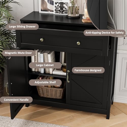 Farmhouse Storage Cabinet with 2 Doors, White Kitchen Cabinet with Walnut Countertop, Freestanding Floor Storage Cabinets Hutch Cupboard