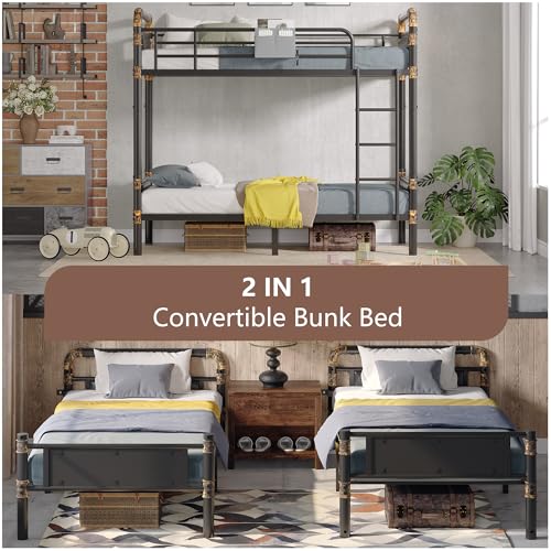 2 IN 1 Metal Bunk Bed Twin Over Twin, Convertible Twin Bunk Beds into 2 Individual Twin Size Bed for Kids Adults, 14.8" High Guard Rail