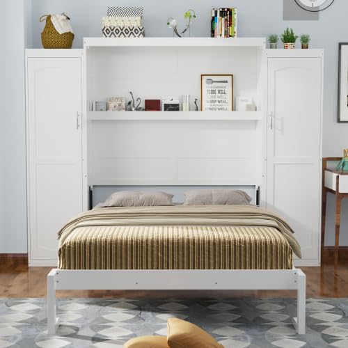 Queen Size Murphy Bed with Desk & Charging Station,Wall Bed Frame Folding into Cabinet Design w/LED & Storage Shelf for Small Space,Bedroom