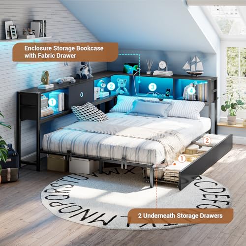 Hasuit Corner Bed Frame with Storage Bookcase, Twin Daybed with Storage Drawers Underneath, Kids Bed Unit with Charging Station and LED Light