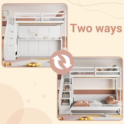 Full Murphy Bed with Stairs, Convertible Wall Bed Frame with Hydraulic Lift & Desk, Murphy Cabinet Beds with Upper Bed for Teens, Boys and Girls