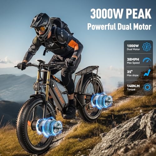 Dual Motor Electric Bike Peak 3000W, 52V 20AH Battery E Bike for Adults 26 Inch Fat Tire Mountain Electric Bicycle 38 MPH