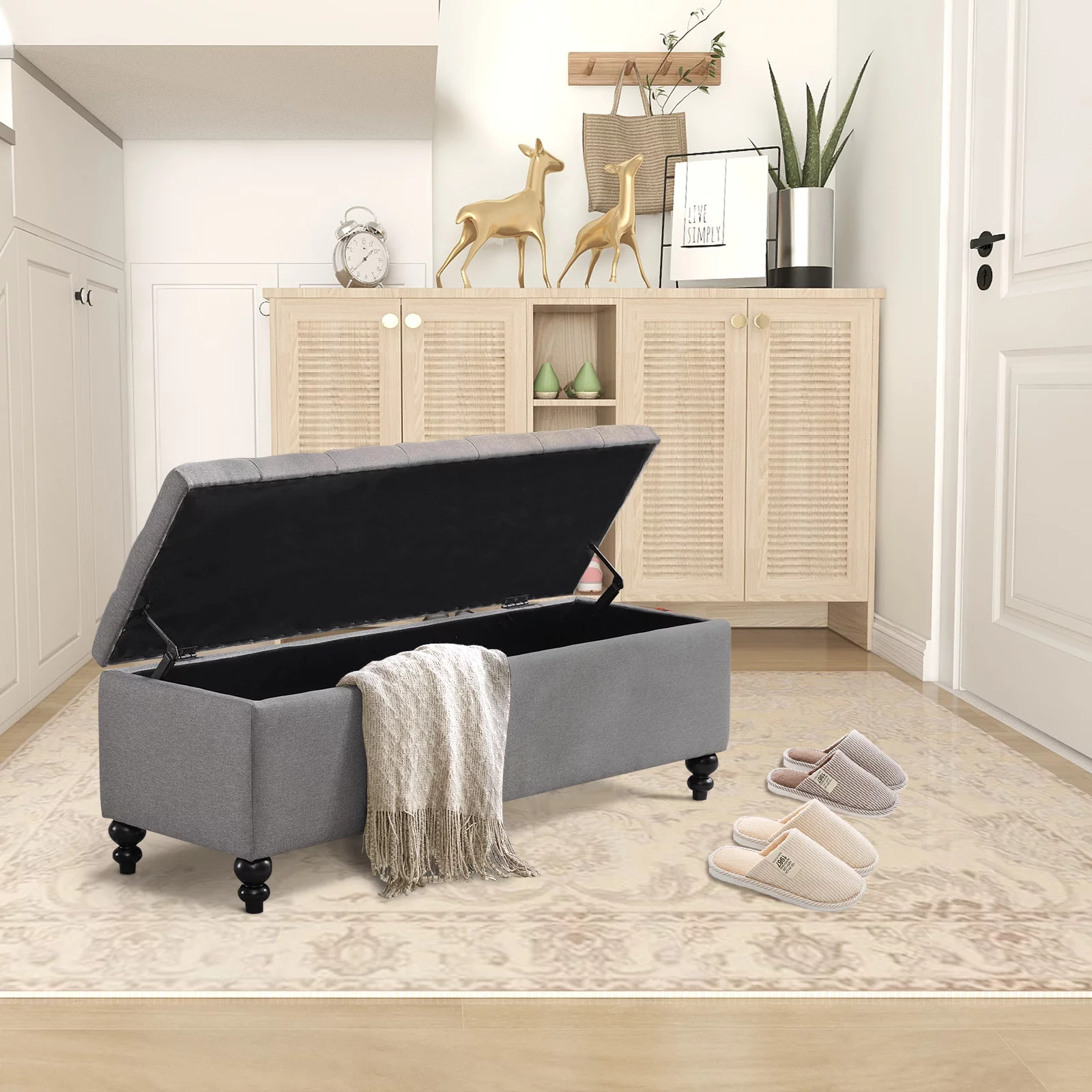 Ottoman with Storage 50.2 Inches Upholstered Fabric Storage Ottoman Bench，Button Tufted Ottoman with Storage for Living Room，Bedroom End of Bed Bench