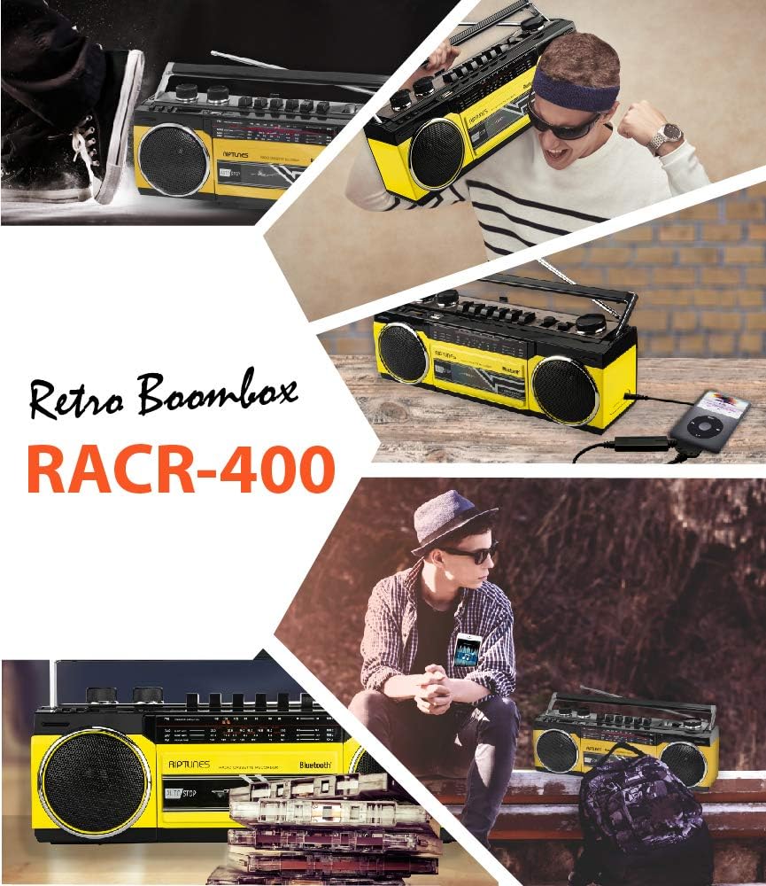 Riptunes Cassette Boombox, Retro Blueooth Boombox, Cassette Player and Recorder, AM/FM/ SW-1-SW2 Radio-4-Band Radio, USB, and SD, Yellow