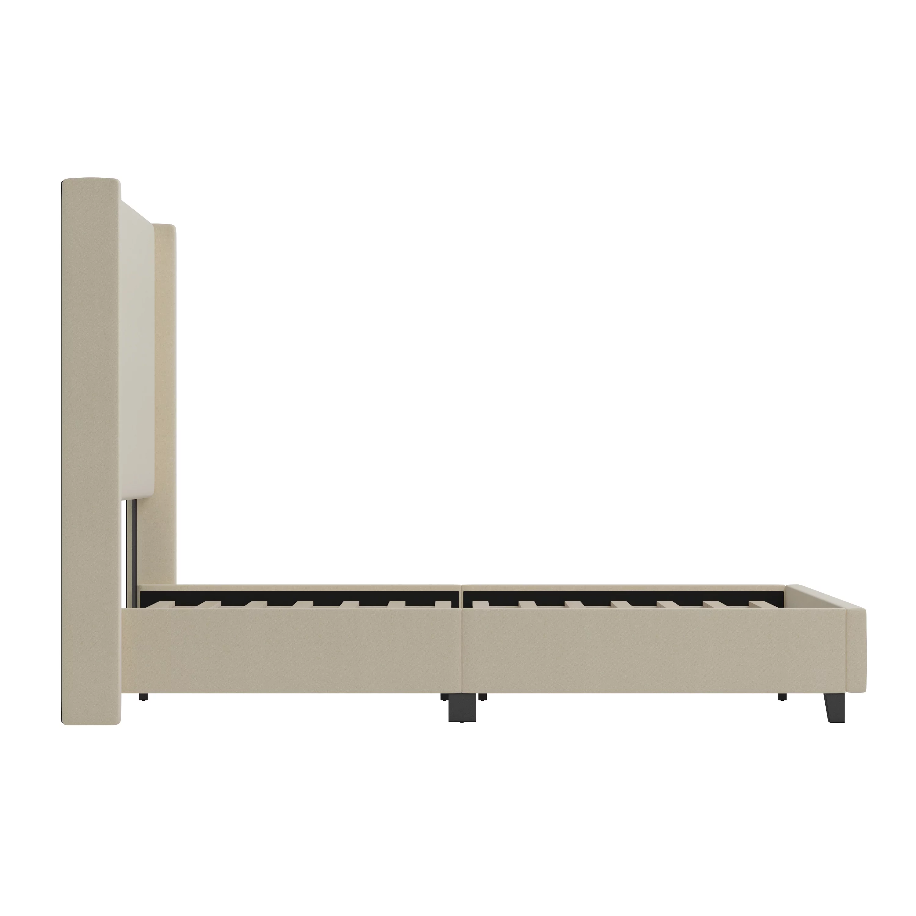 Merrick Lane Modern Queen Size Platform Bed Frame with Padded Faux Linen Upholstered Wingback Headboard and Wood Support Slats in Beige