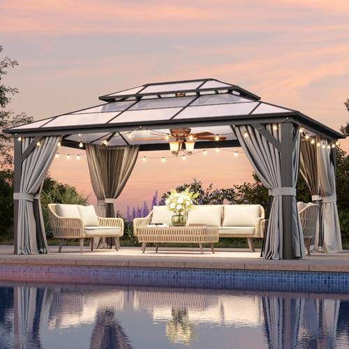 Aoxun 12'x16' Hardtop Gazebo, Aluminum Frame Permanent Pavilion with Netting and Curtains, Outdoor Polycarbonate Double Roof Canopy
