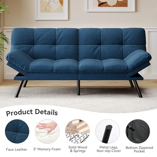 71" Convertible Futon Sofa,Faux Leather Futon Couch Bed,Sleeper Sofa Bed,Memory Foam Modern Folding Small Loveseat for Living Room,Office,Apartment