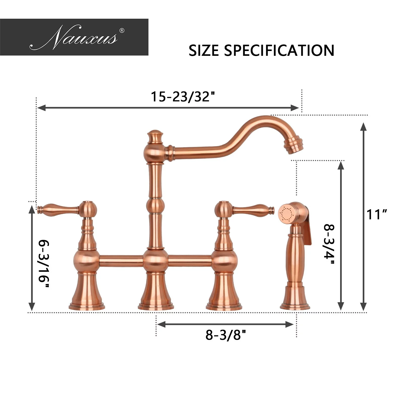 Two-Handles Bridge Kitchen Faucet with Side Sprayer Copper Copper Finish