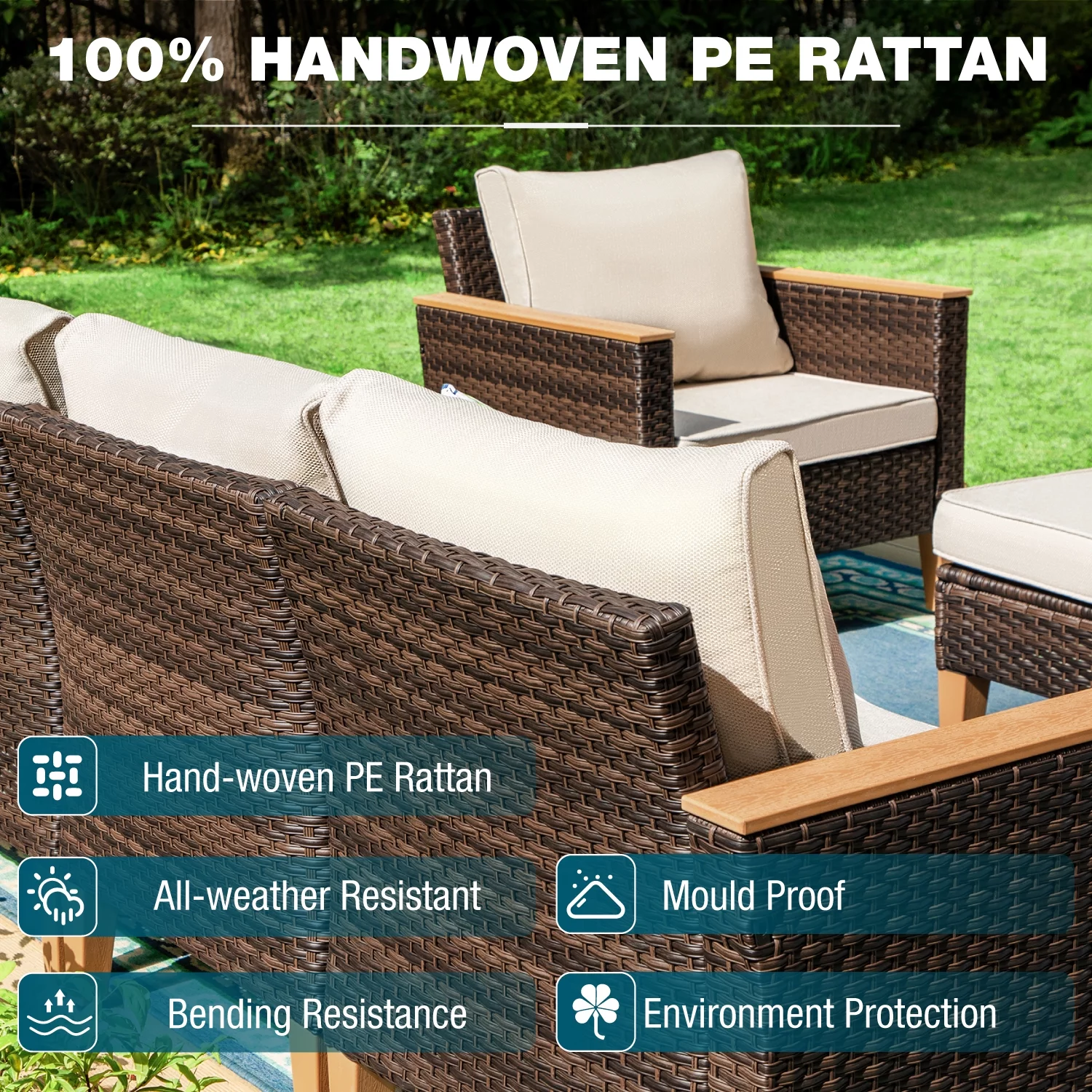 MF Studio 7 Piece Patio Conversation Set  Outdoor Wicker Furniture Set Beige