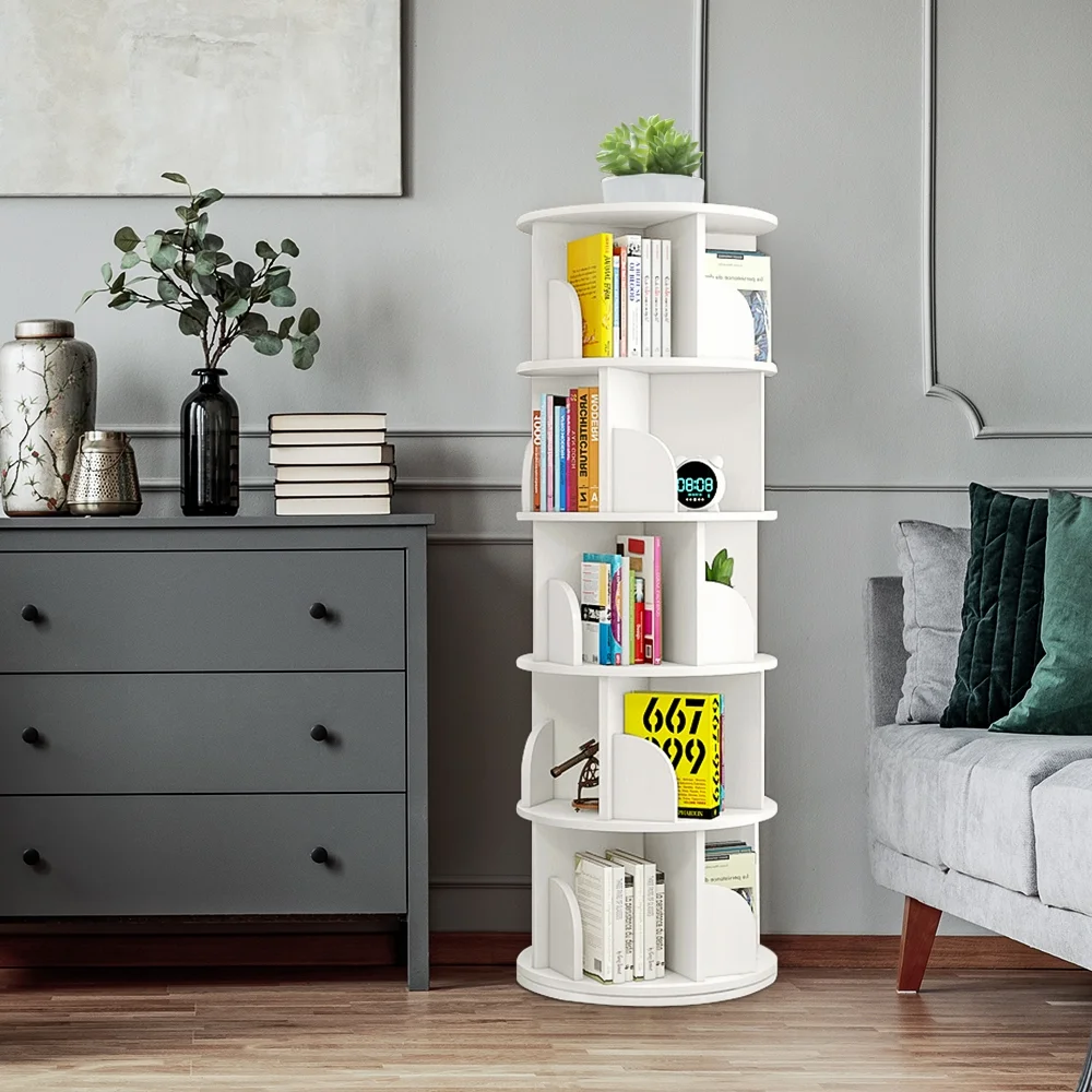 bimiti 5 Tier Rotating Bookshelf, 360° Revolving Bookcase 20 Shelves Floor-Standing Storage Display Rack - White 63"x18"x18"