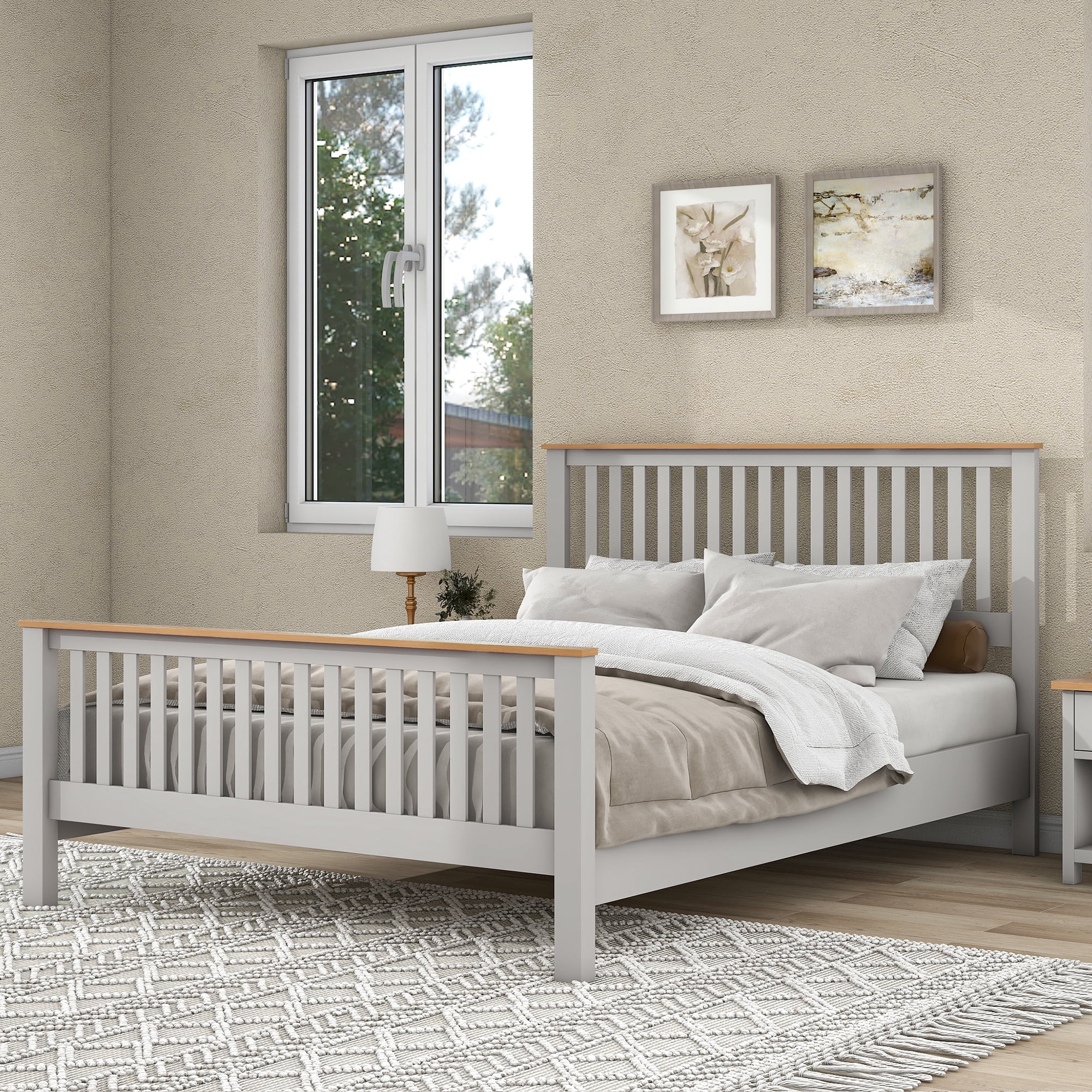 uhomepro Gray Queen Bed Frame with Headboard, No Box Spring Needed, Country Style Bedroom Furniture