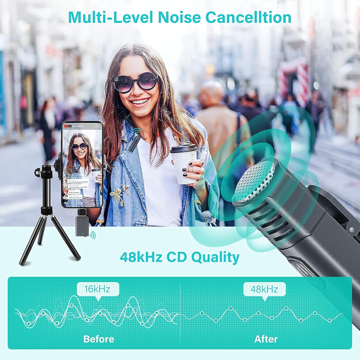 Wireless Lavalier Microphone,48KHz USB Wireless Noise Reduction Mic Lapel Clip-on Mic for Computer Android, Laptop Speaker, Podcasting, Vlog, TikTok