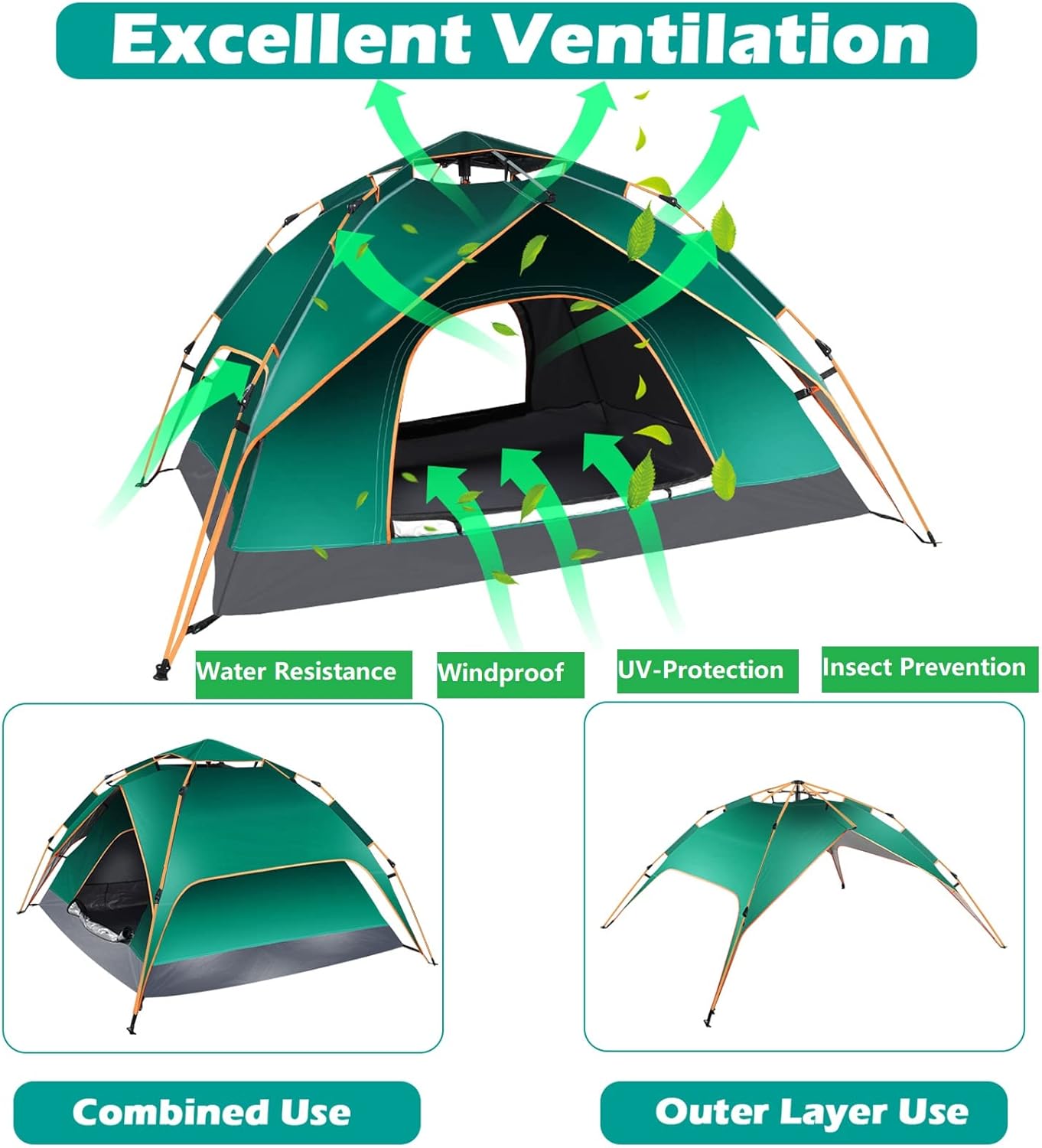 Camping Tent for 2 Or 3 Person,Instant Pop Up Tents, Double Layer Easy Set Up Tent & Shelter