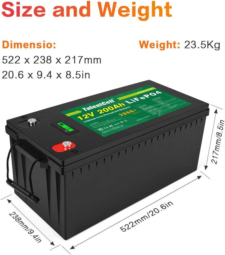 TalentCell 12V 200Ah Lithium Iron Phosphate Deep Cycle Battery Pack, Rechargeable LiFePO4 Batteries Over 2000 Cycles