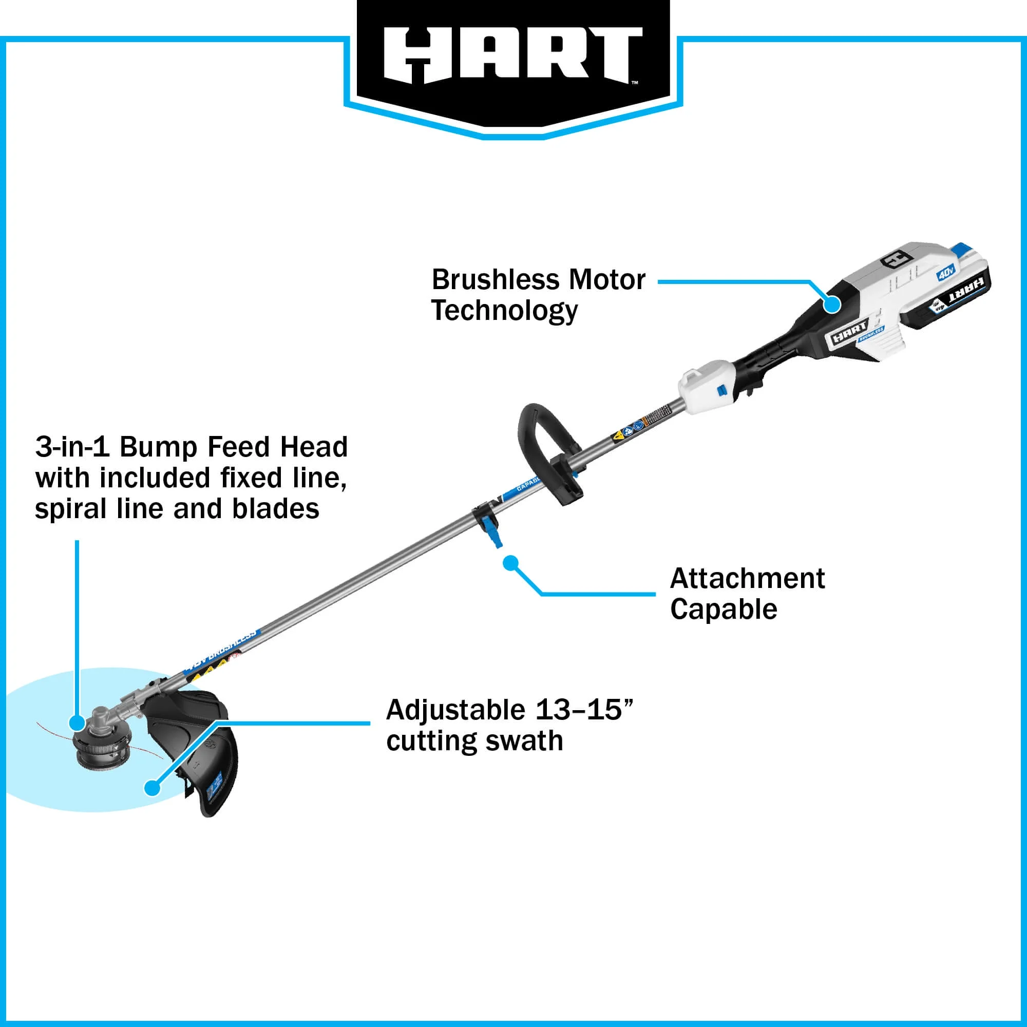 HART 40 Volt Cordless Brushless Attachment Capable 15-inch String Trimmer Kit, (1) 4.0Ah Lithium-Ion Battery