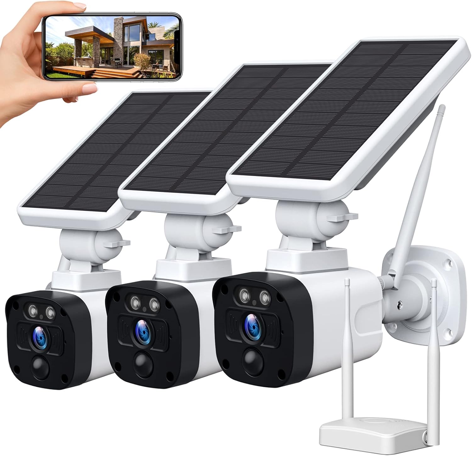 Solar Security Camera System Outdoor Wireless WiFi 4 Pack, 3MP Solar Powered Security Camera (Include Base Station & 4 Solar Cameras), 2-Way Audio