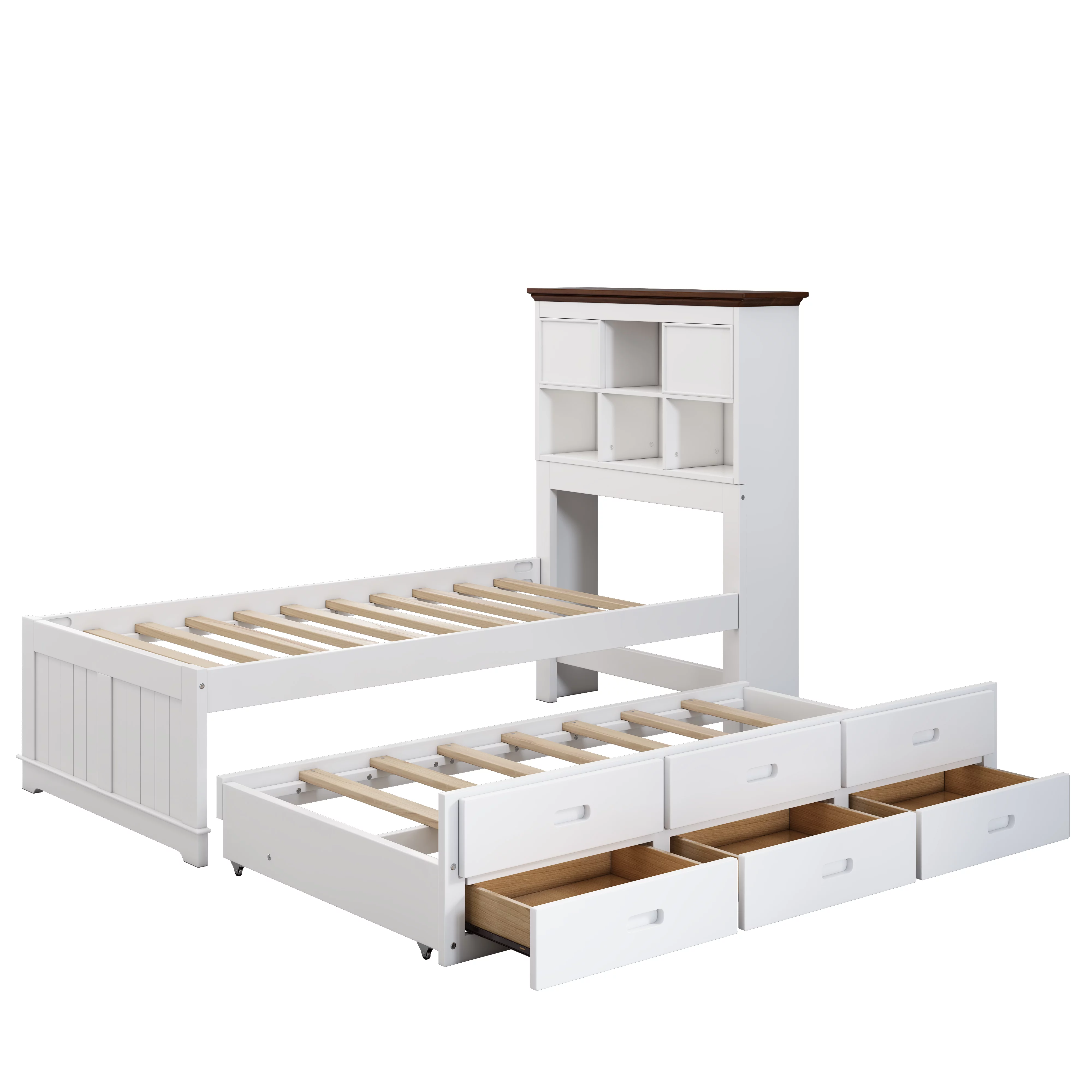 Royard Oaktree Solid Pine Captain Bed with Trundle and Bookcase Wood Platform Bed Frame with 3 Spacious Under Bed Drawers in Casual, Twin