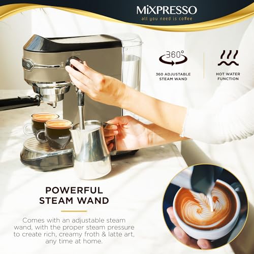 Mixpresso Professional Espresso Machine for Home 15 Bar with Milk Frother Steam Wand, Espresso Maker with Double-Cup Splitter 1450w Fast Heating