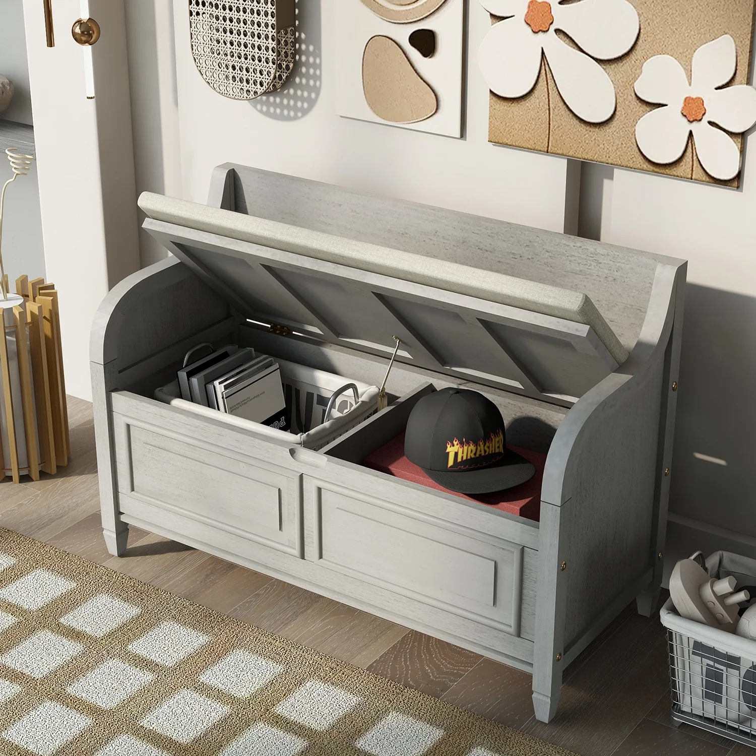 Churanty Rustic Solid Wood Entryway Storage Bench with Removable Cushion Shoe Bench for Living Room,Gray Wash