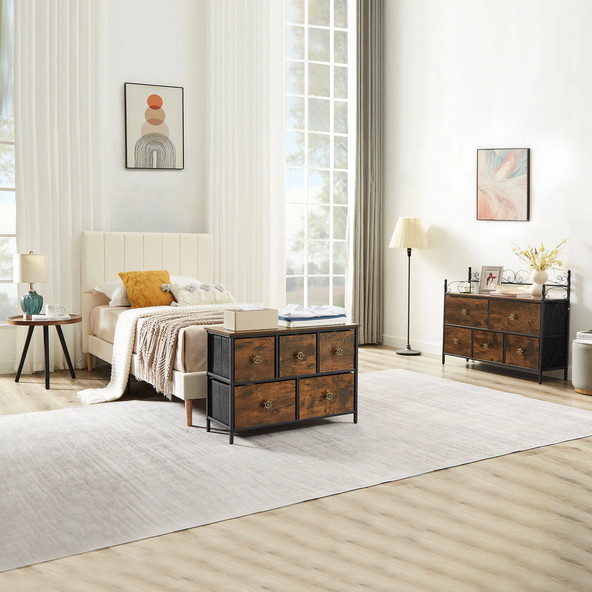 VECELO 4-Piece Bedroom Set with Queen Size Platform Bed Frame & 5-Drawer Dresser & Two Nightstands, Brown