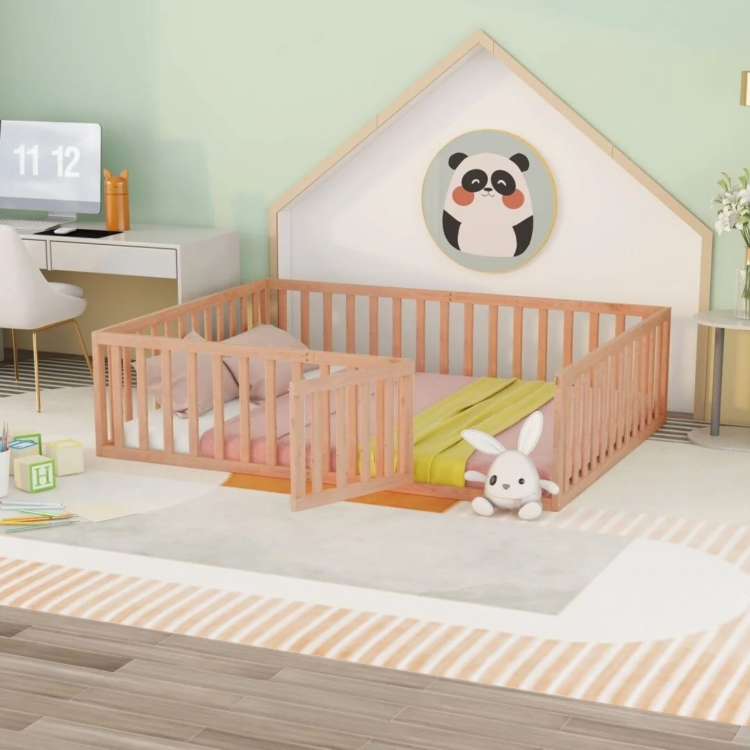Natural Queen Size Wood Floor Bed Frame with Fence and Door