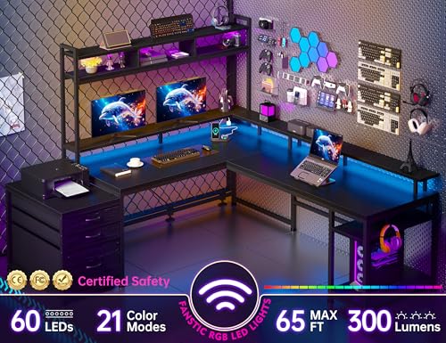 EnHomee Large L Shaped Gaming Desk with Hutch and Drawers, 64" W Reversible Computer Desk with Storage Shelves